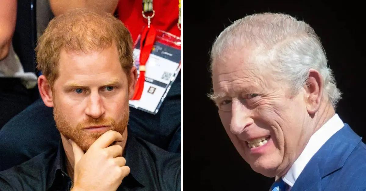 Split photo of Prince Harry and King Charles
