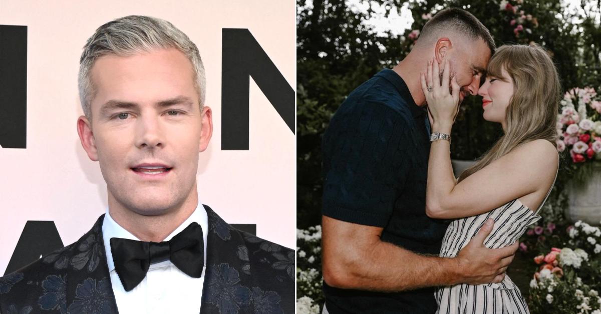 Split photo of Ryan Serhant and Travis Kelce, Taylor Swift. 
